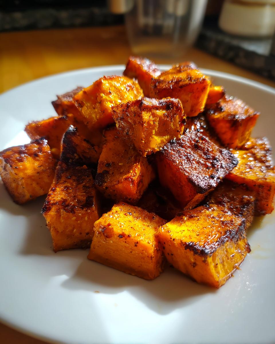Close-up of perfectly seasoned and caramelized roasted sweet potato cubes piled on a white plate.