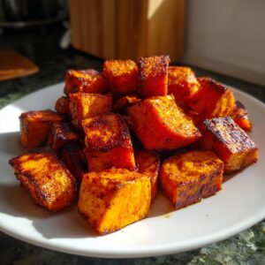 A pile of perfectly seasoned and caramelized roasted sweet potato cubes served on a white plate.