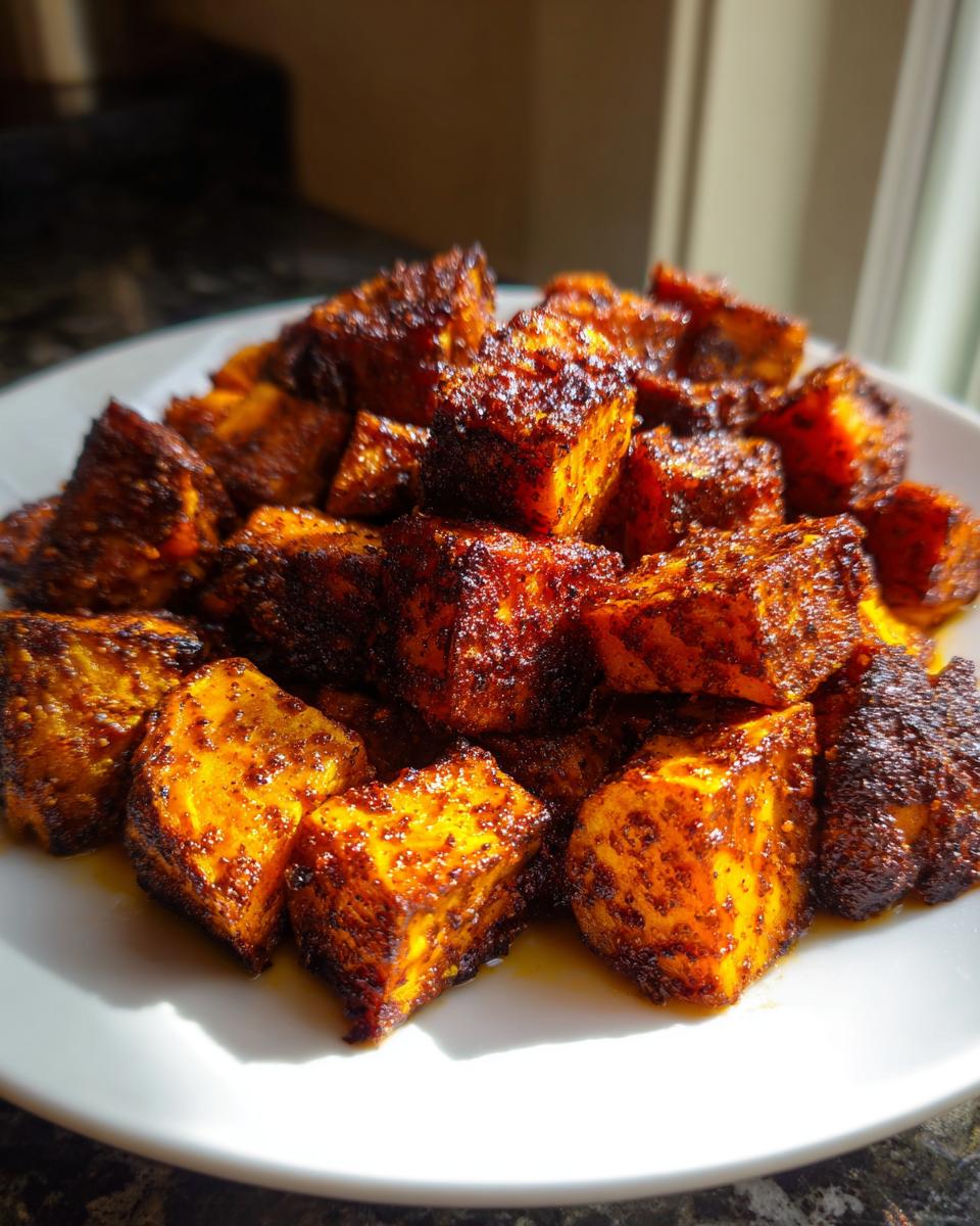 A close-up of perfectly seasoned and caramelized roasted sweet potato cubes piled on a white plate.