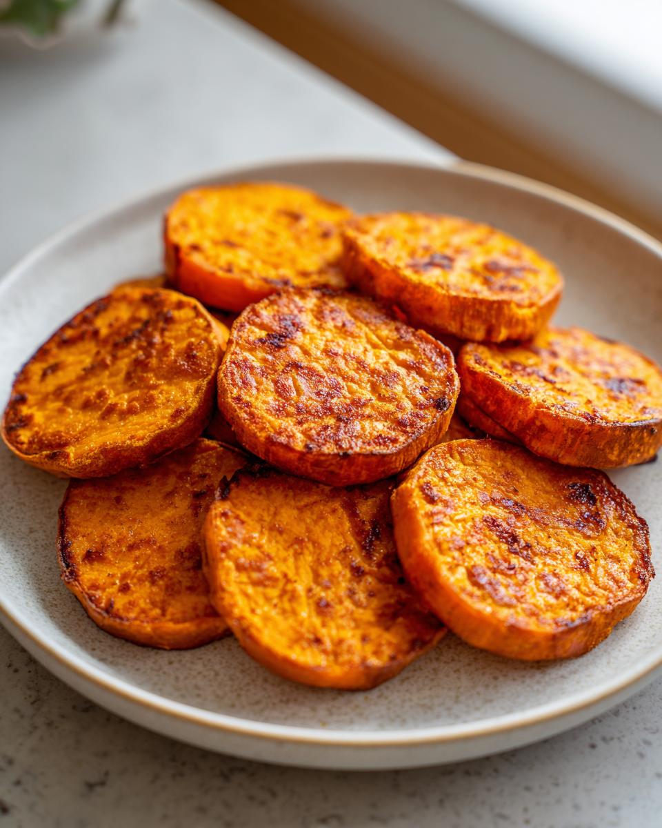 A plate of perfectly roasted, bright orange sweet potato toast slices ready for toppings.