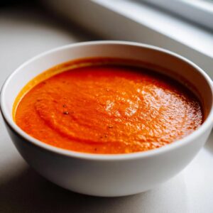 Close-up of a white bowl filled with vibrant, creamy roasted tomato soup, slightly seasoned.