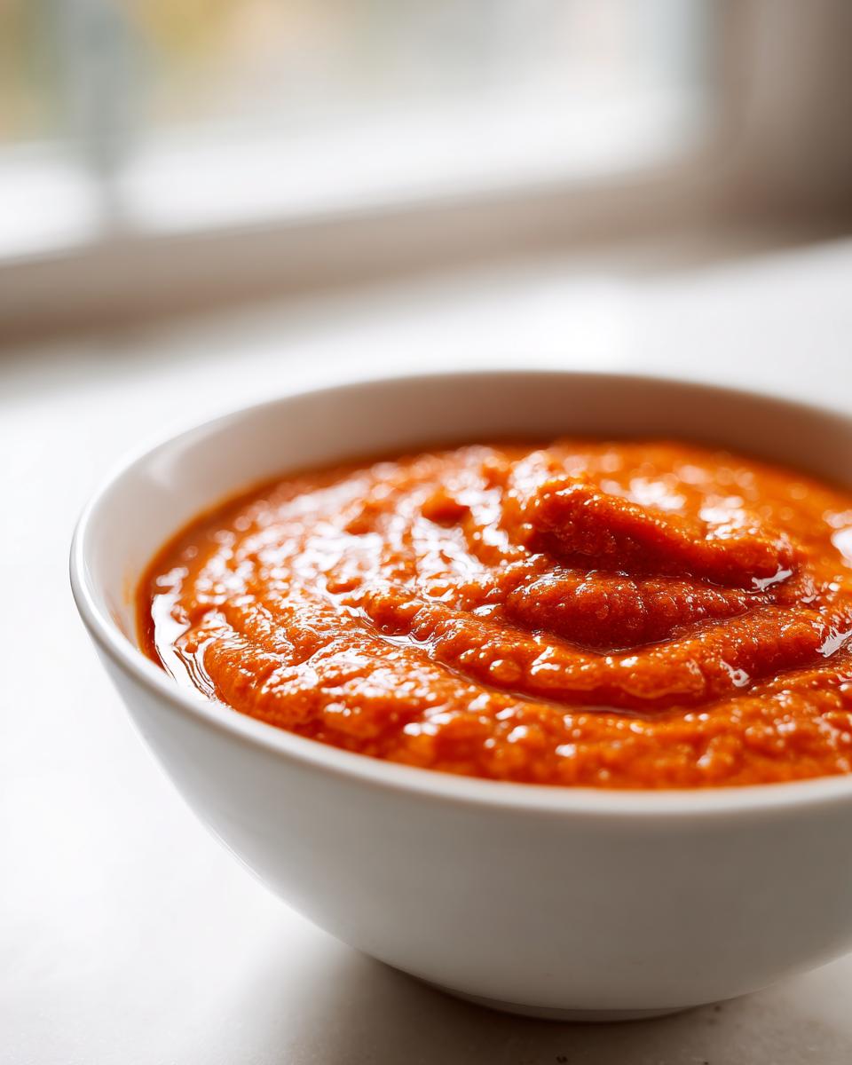 Close-up of thick, vibrant orange roasted tomato soup served in a white bowl.