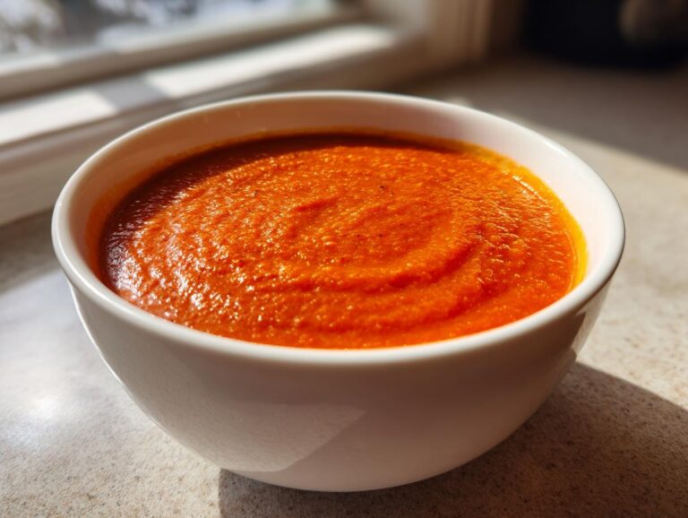 Close-up of vibrant, thick roasted tomato soup served in a white bowl, highlighted by sunlight.
