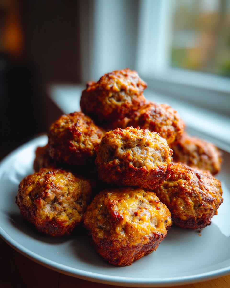 A stack of golden brown rotel cream cheese sausage balls piled high on a light gray plate near a window.