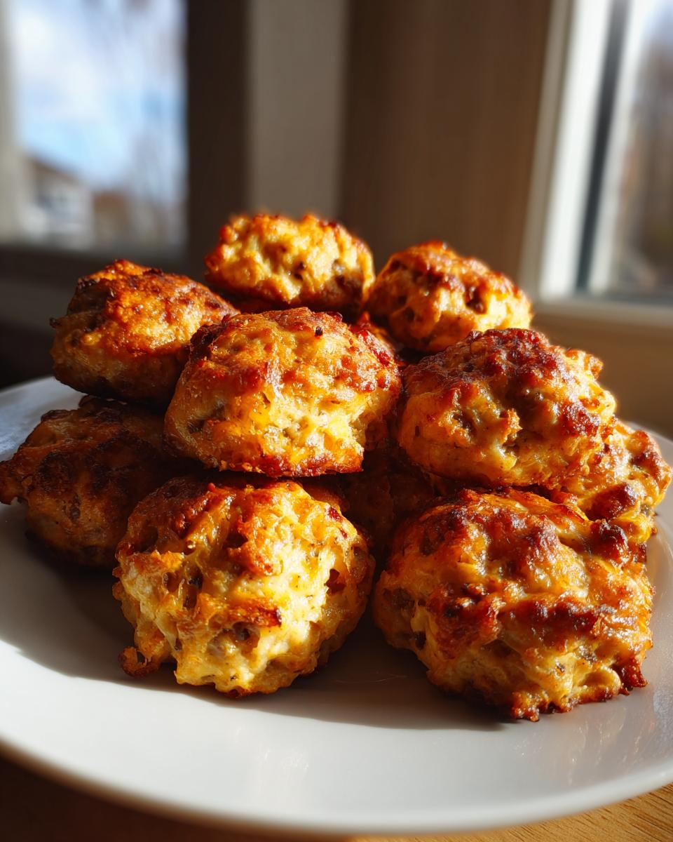 A pile of freshly baked rotel cream cheese sausage balls with a golden-brown, crispy exterior.