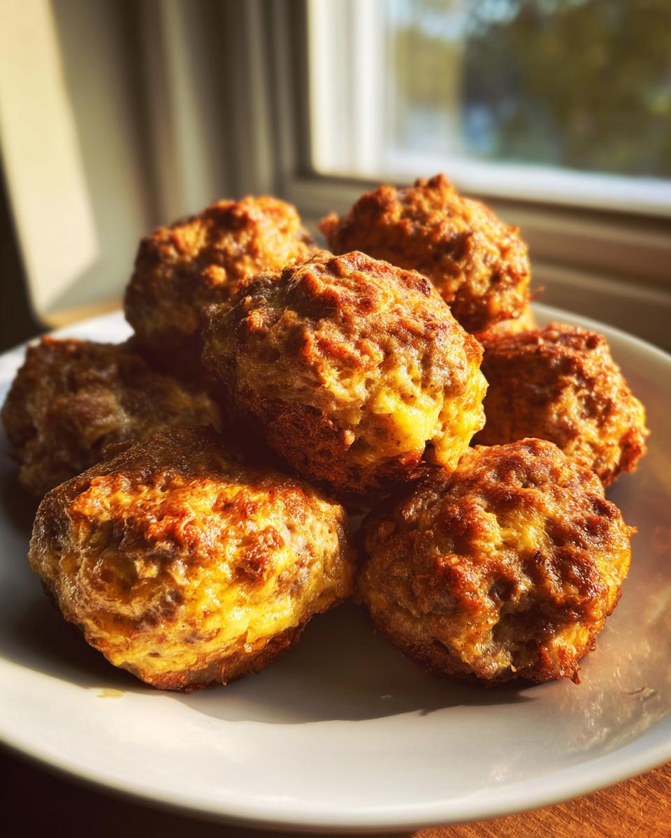 A stack of freshly baked rotel cream cheese sausage balls with a golden-brown, slightly crispy exterior.