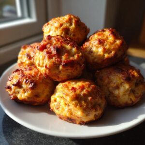 A stack of golden-brown rotel cream cheese sausage balls baked to perfection on a white plate.