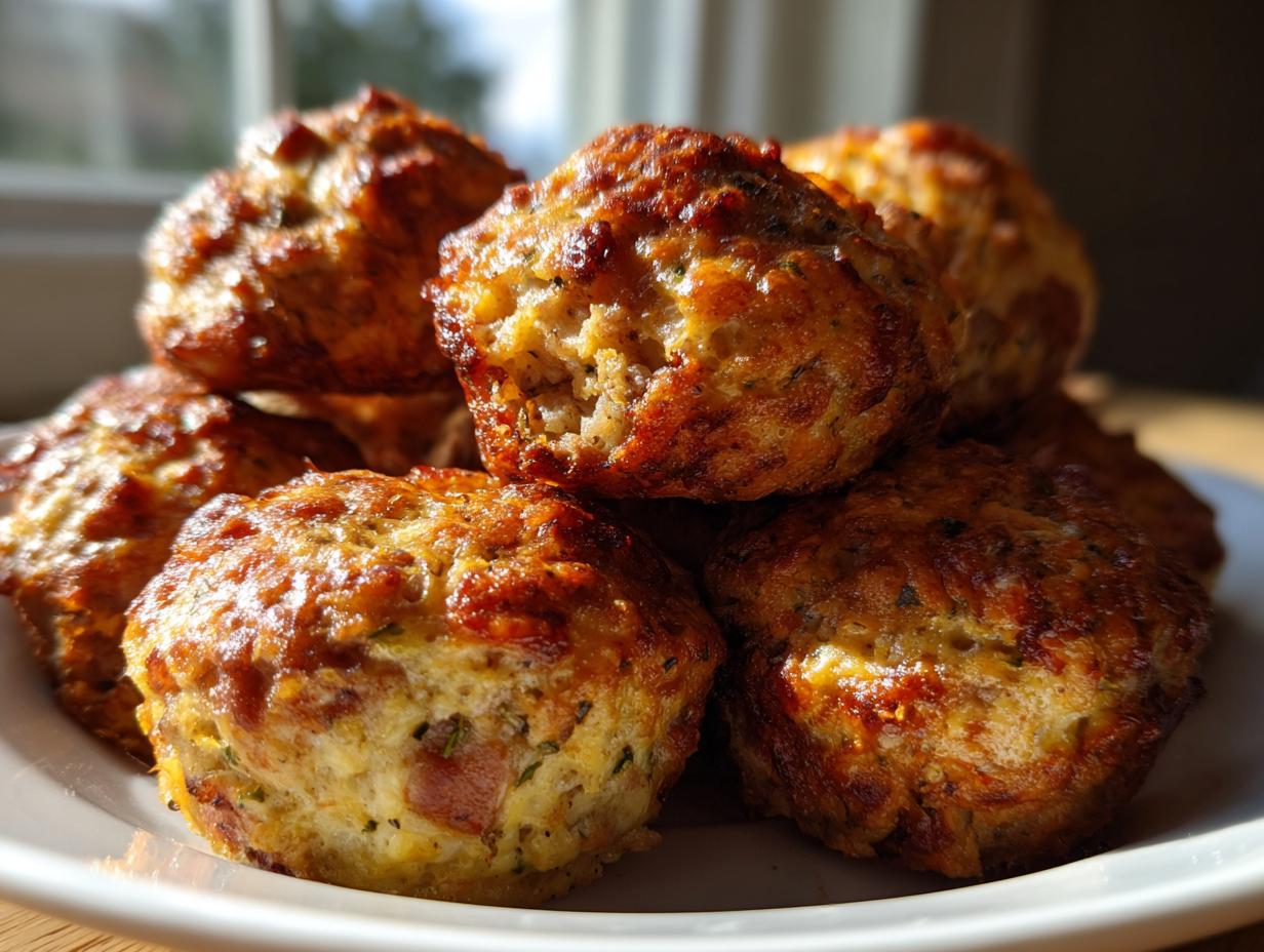 A close-up of several golden-brown rotel cream cheese sausage balls piled high on a white plate.