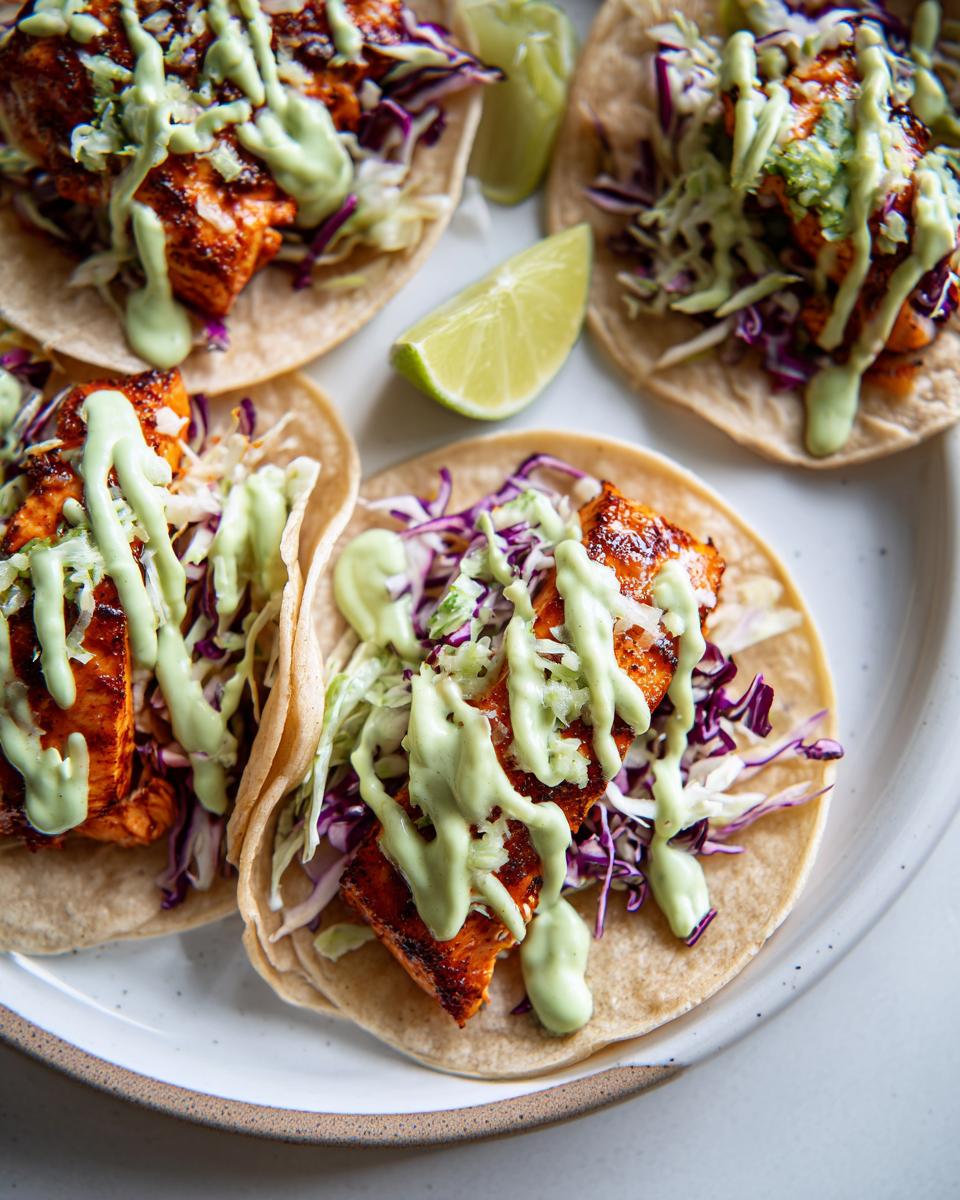 Four delicious salmon tacos topped with purple cabbage slaw and a generous drizzle of creamy green sauce, served with lime wedges.