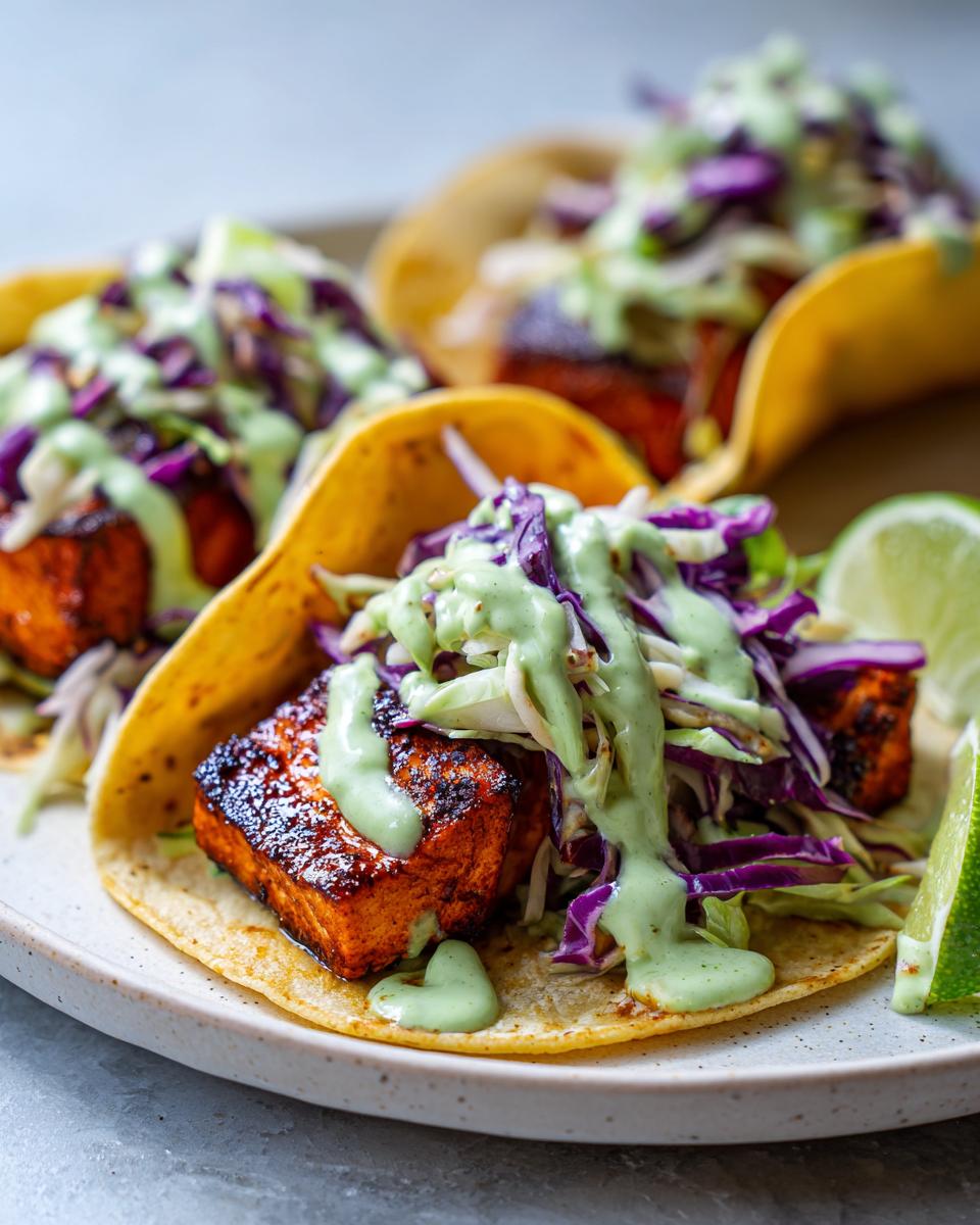 A close-up of delicious salmon tacos featuring blackened salmon, purple cabbage slaw, and a creamy green sauce.