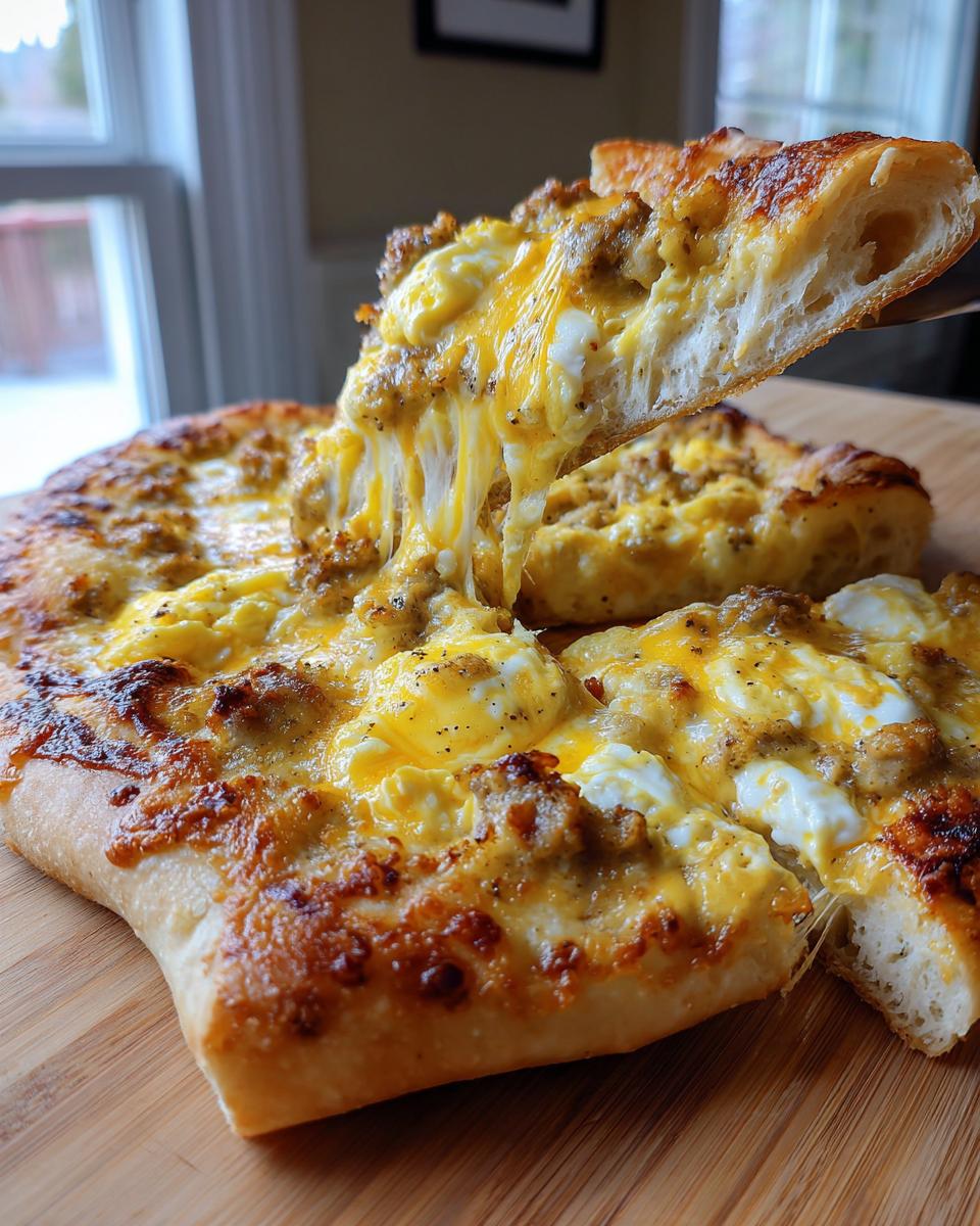 A slice of sausage gravy breakfast pizza being lifted, showing melted cheese stretching between the slice and the rest of the pizza.