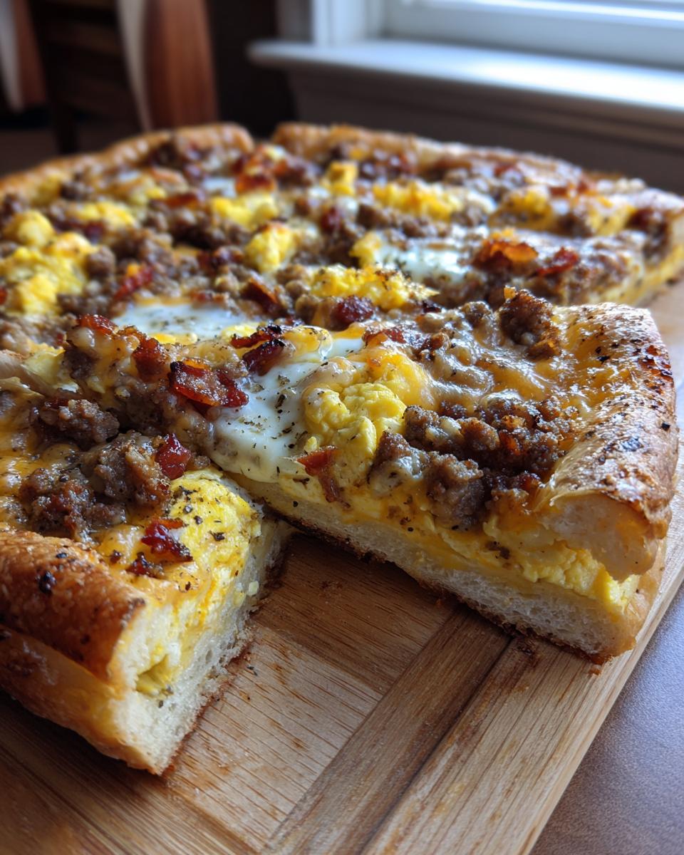 A thick slice of sausage gravy breakfast pizza topped with scrambled eggs, sausage, and cheese on a wooden board.