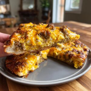 A hand holds up a thick slice of sausage gravy breakfast pizza showing eggs, sausage, and melted cheese.