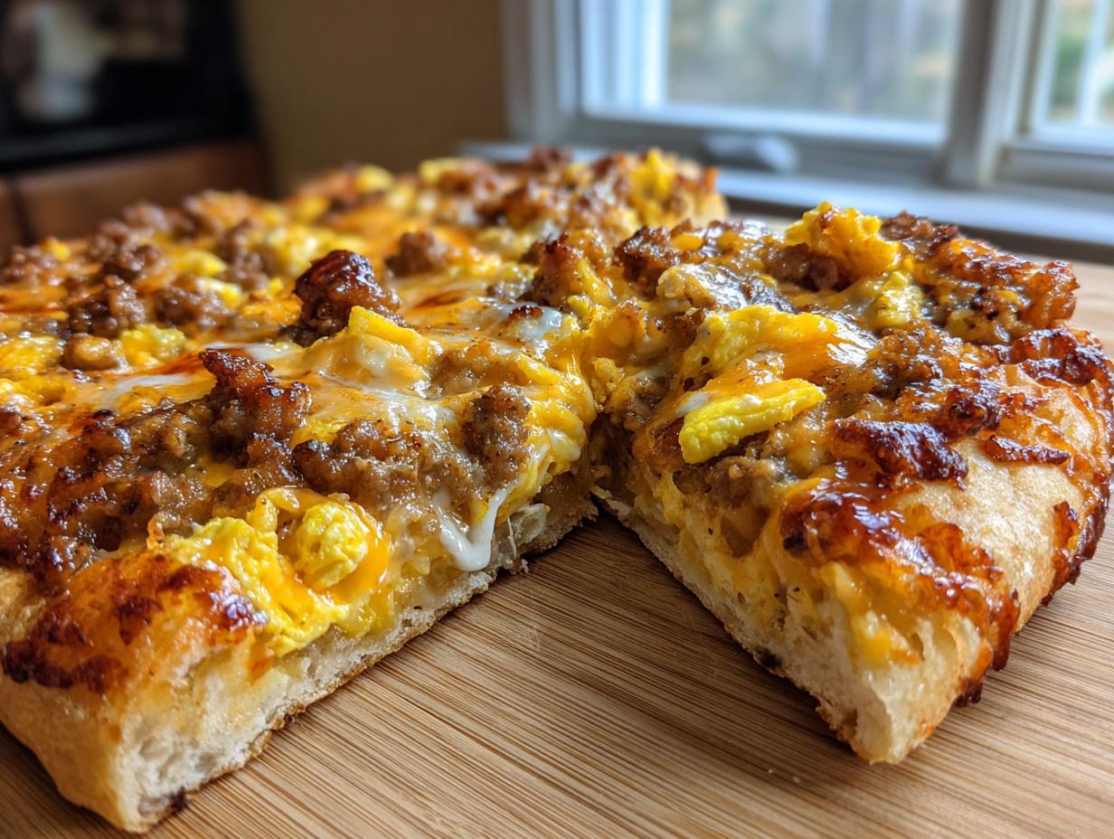 A thick slice of sausage gravy breakfast pizza topped with sausage, scrambled eggs, and melted cheese.