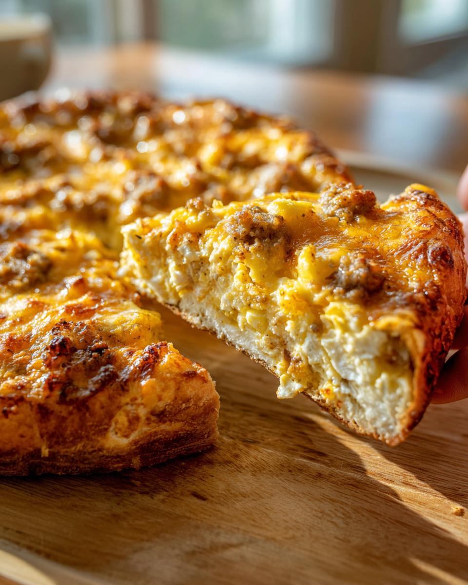 A slice of cheesy sausage gravy breakfast pizza is being lifted from the whole pizza on a wooden board.