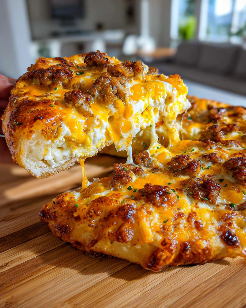 A slice of sausage gravy breakfast pizza being pulled away, showing melted cheese and sausage crumbles.