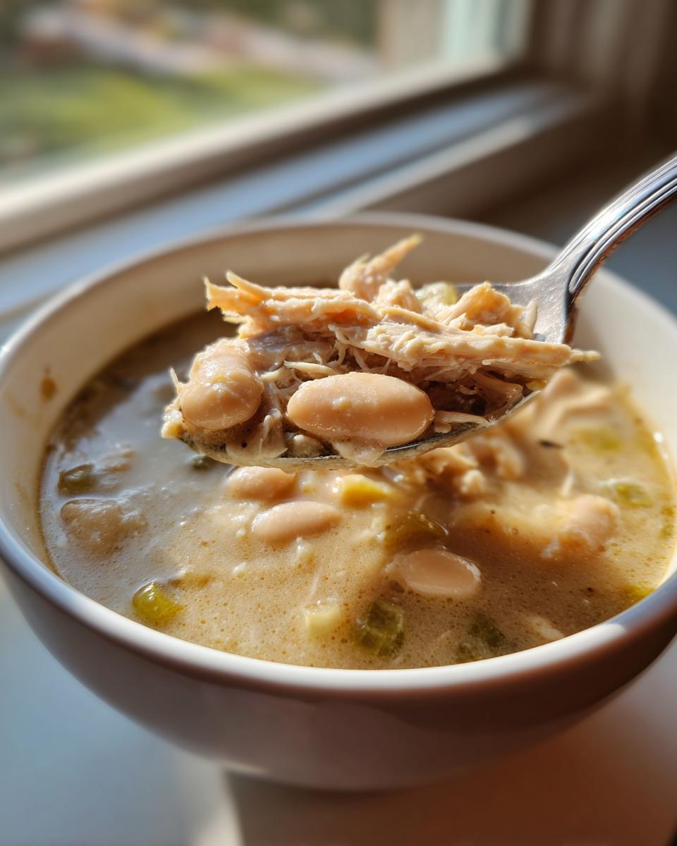 A spoonful of shredded chicken and white beans lifted from a bowl of creamy cream cheese chicken chili.