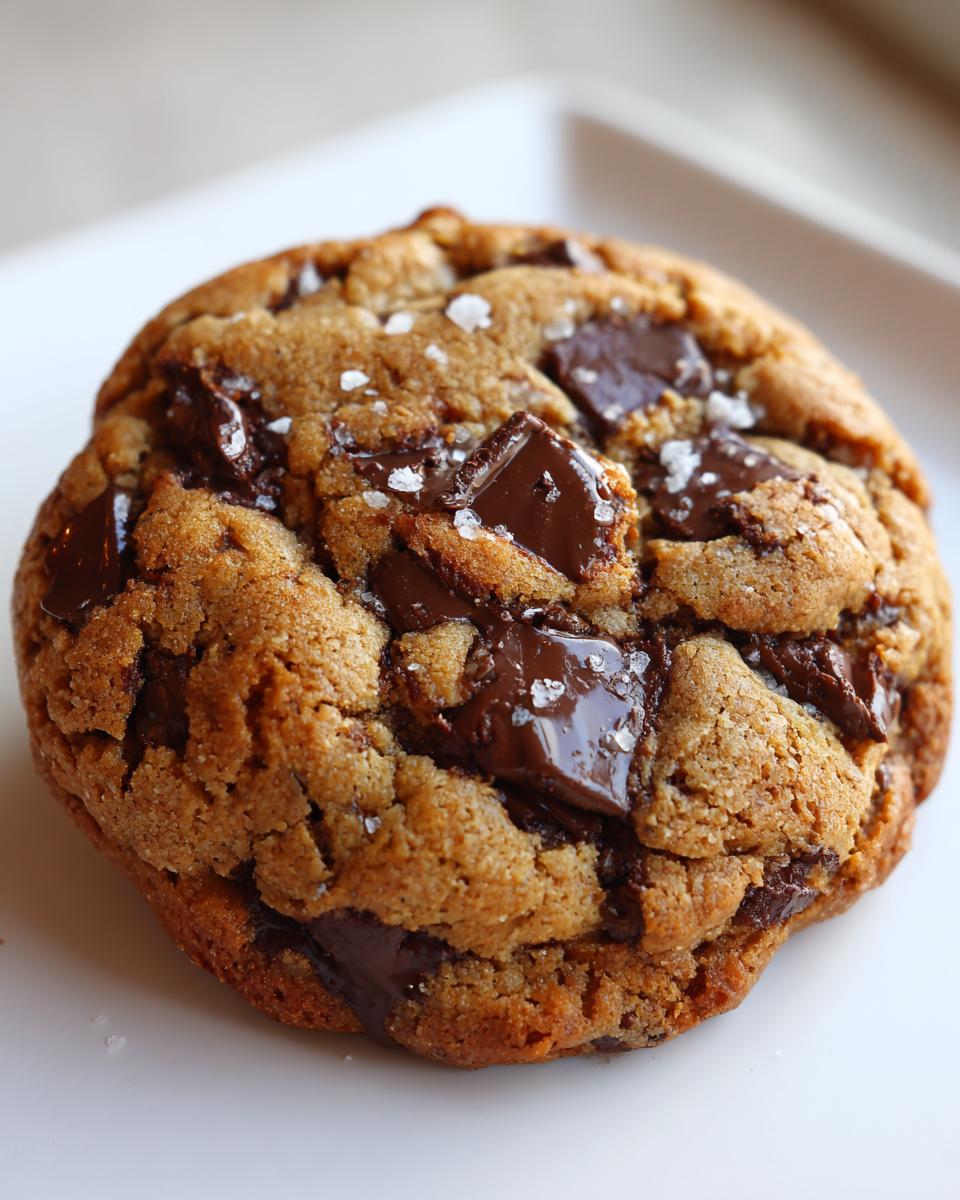 A close-up of a perfectly baked chocolate chip cookie topped with melted chocolate chunks and flaky sea salt.