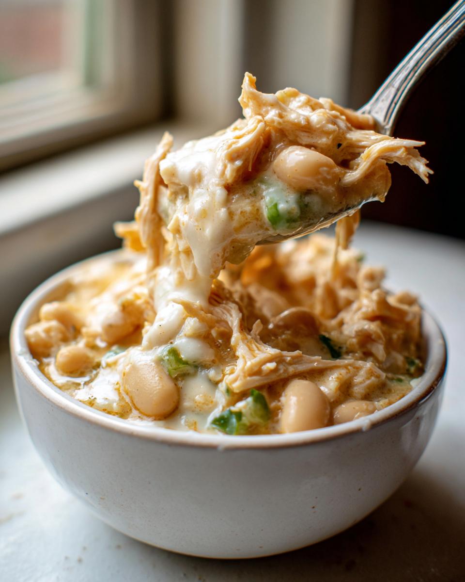 A spoonful of creamy, shredded cream cheese chicken chili with white beans being lifted from a bowl.