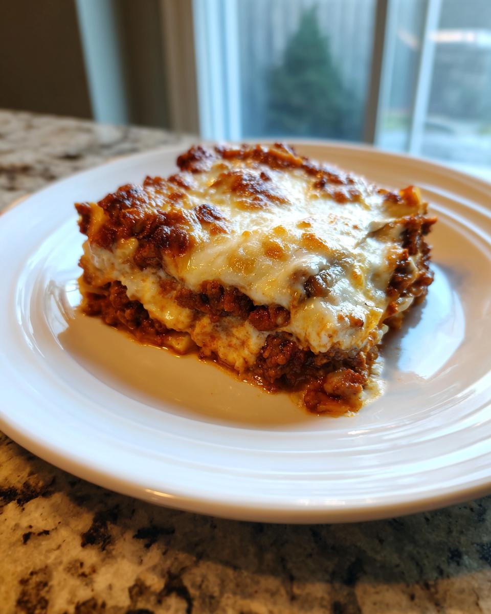 A generous slice of sheet pan lasagna, featuring layers of meat sauce and ricotta, topped with bubbly, browned mozzarella cheese.
