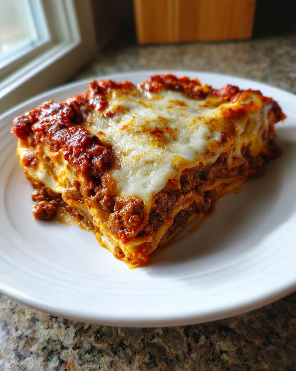 A thick, layered slice of sheet pan lasagna topped with bubbling melted mozzarella and rich meat sauce.