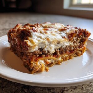 A thick, cheesy slice of sheet pan lasagna featuring layers of pasta, rich meat sauce, and melted mozzarella cheese.