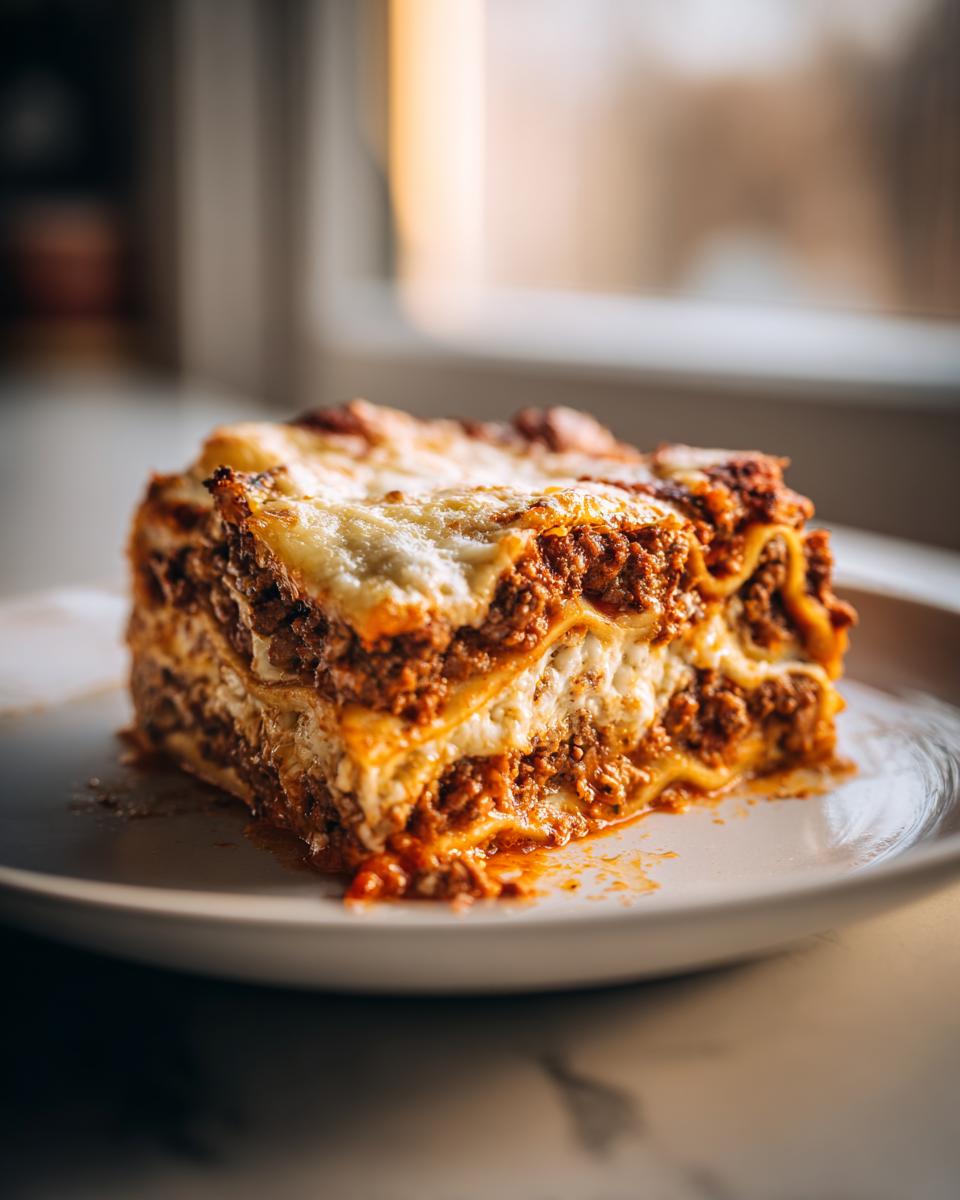 Close-up of a thick, layered slice of sheet pan lasagna with rich meat sauce and melted cheese.