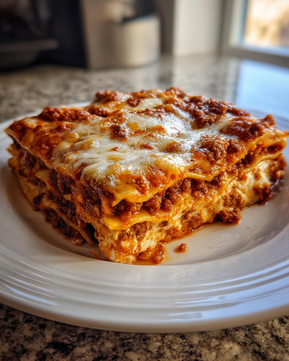 A thick, layered slice of sheet pan lasagna topped with melted mozzarella and rich meat sauce.