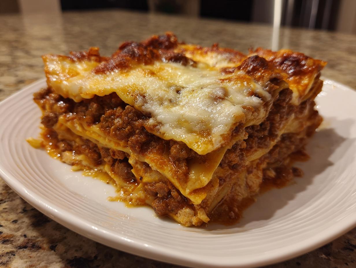 A generous, layered slice of sheet pan lasagna featuring rich meat sauce and melted, browned cheese on top.