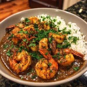 A close-up of a bowl of rich shrimp etouffee served over white rice and topped with fresh parsley.