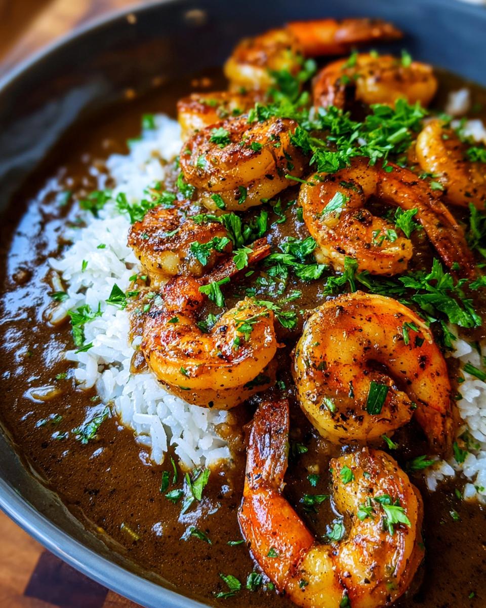 Close-up of perfectly cooked shrimp etouffee served over white rice and garnished with fresh parsley.