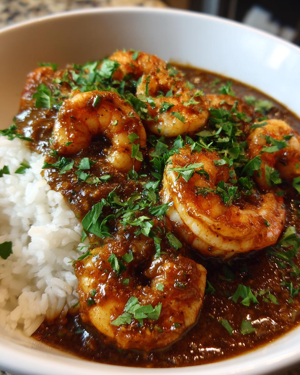 Close-up of rich, dark shrimp etouffee with plump shrimp served next to white rice and topped with fresh parsley.