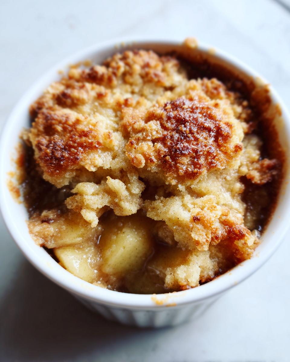 Close-up of a warm, single-serving apple crisp recipe baked in a white ramekin with a golden, crumbly topping.