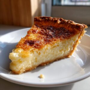 A thick slice of buttermilk pie with a creamy yellow filling and a deeply browned, caramelized top crust.