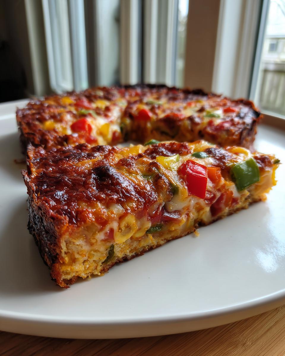 A thick slice of chicken crust pizza topped with melted cheese and colorful bell peppers, sitting on a white plate.