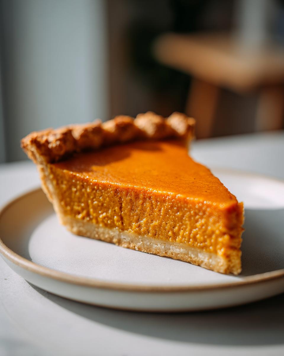 A perfect slice of easy pumpkin pie with a golden crust resting on a light gray plate.