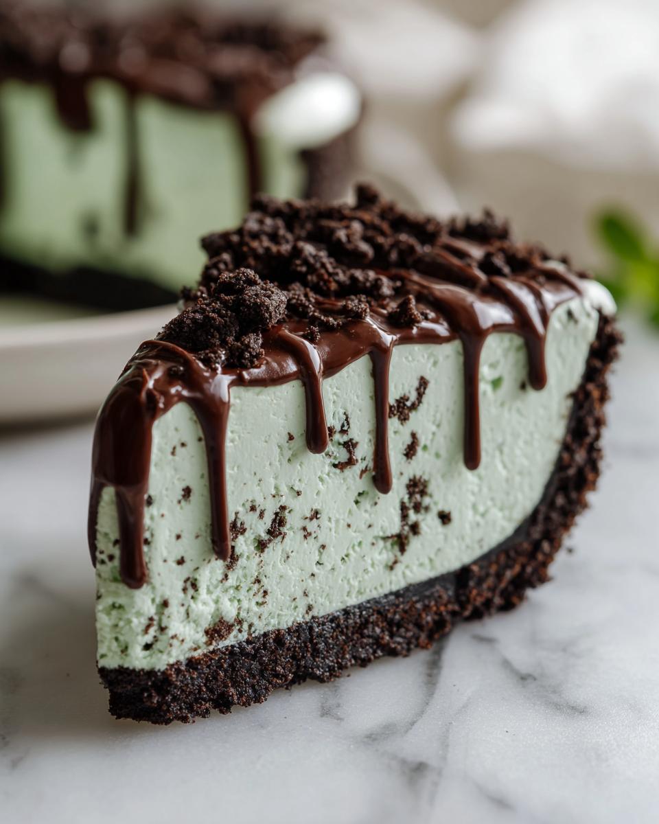 Close-up of a slice of creamy mint green grasshopper pie with a dark chocolate cookie crust, topped with chocolate drizzle and crumbs.