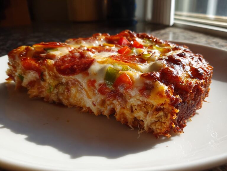 Close-up of a thick slice of pepperoni chicken crust pizza showing melted cheese and vegetable toppings.