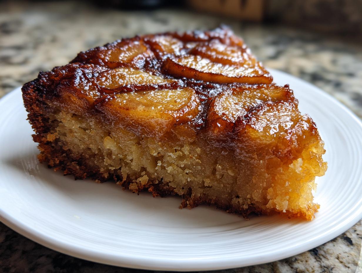 A close-up of one slice of amazing swedish apple cake, featuring caramelized apples on top.