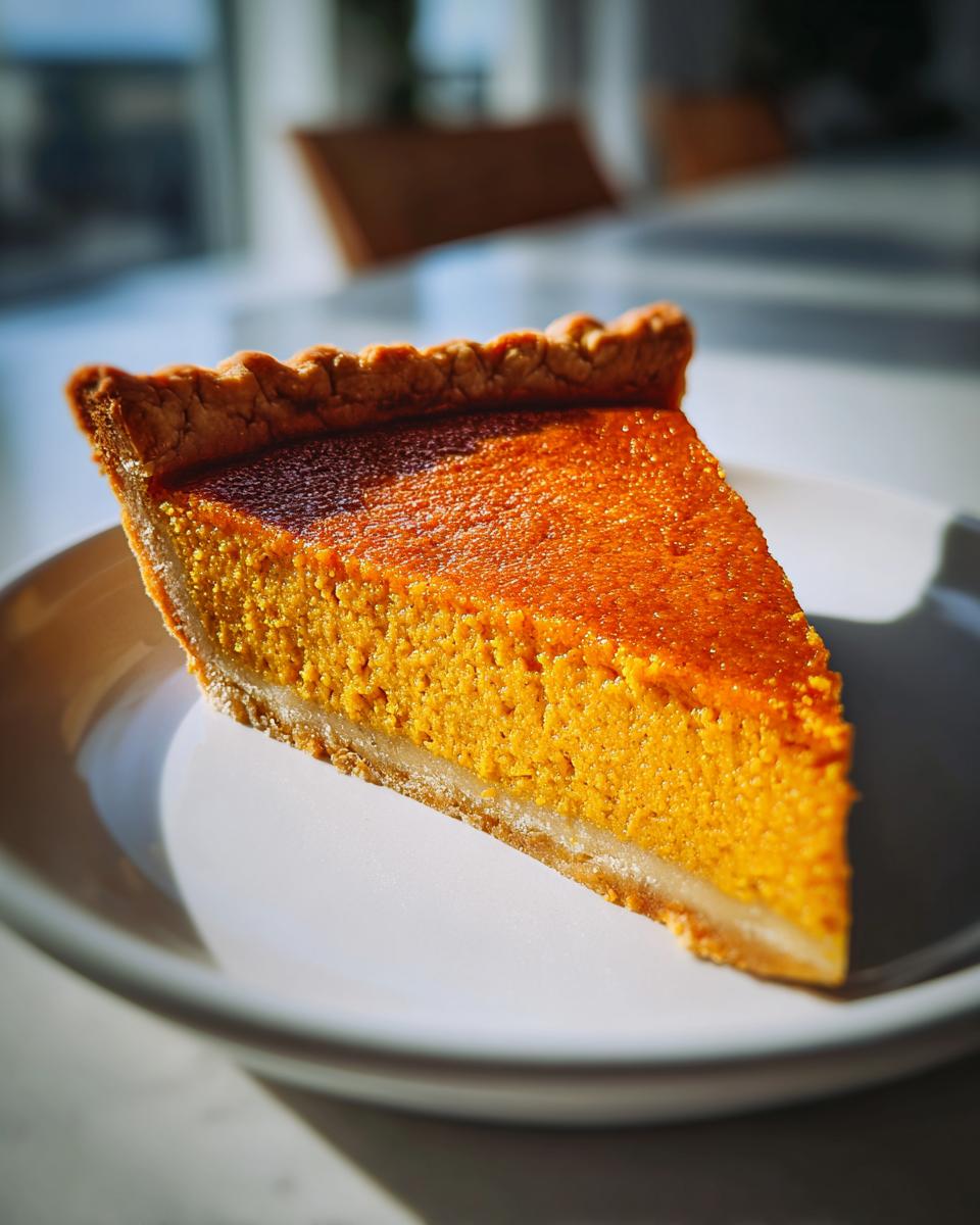 A close-up, beautifully lit slice of bright orange sweet potato pie on a white plate.
