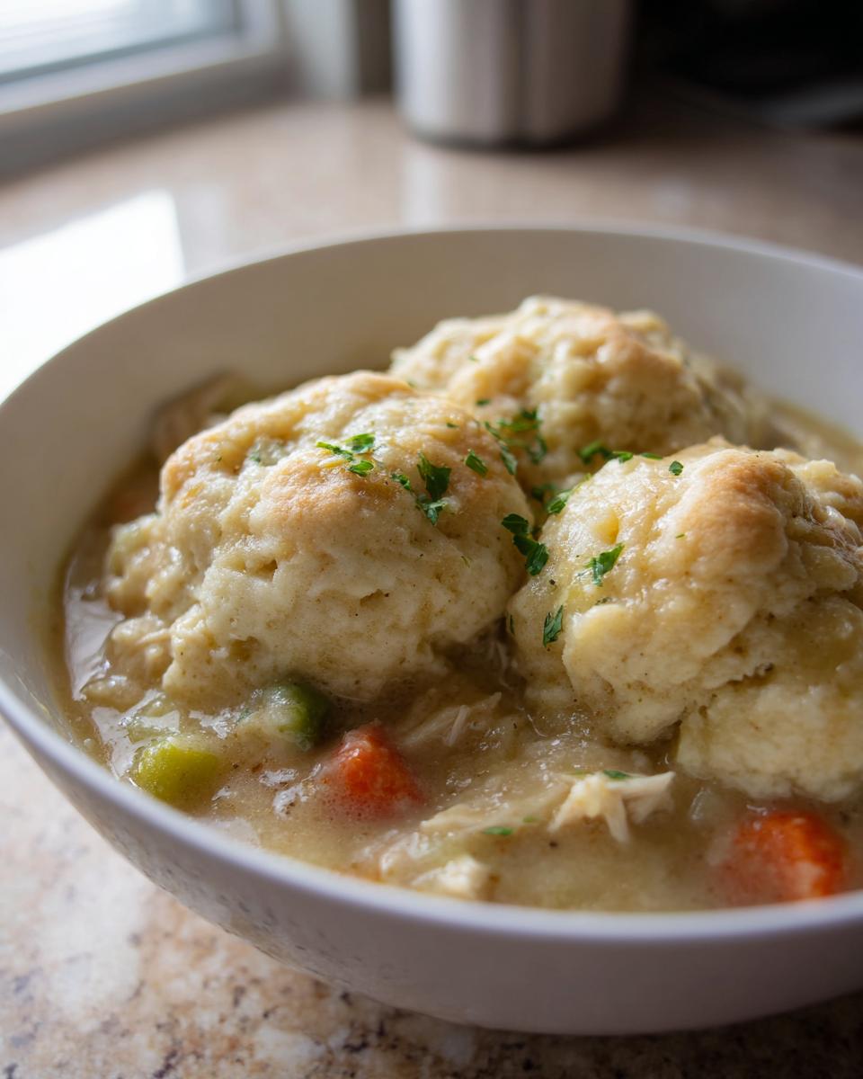 A close-up of a white bowl filled with rich slow cooker chicken and dumplings, topped with three fluffy dumplings and parsley.