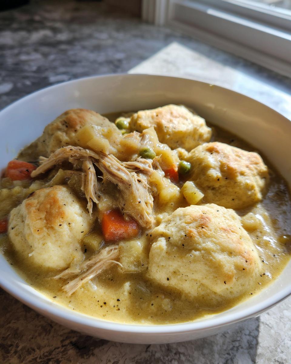 A close-up of a white bowl filled with rich, creamy slow cooker chicken and dumplings, featuring shredded chicken, carrots, and peas.