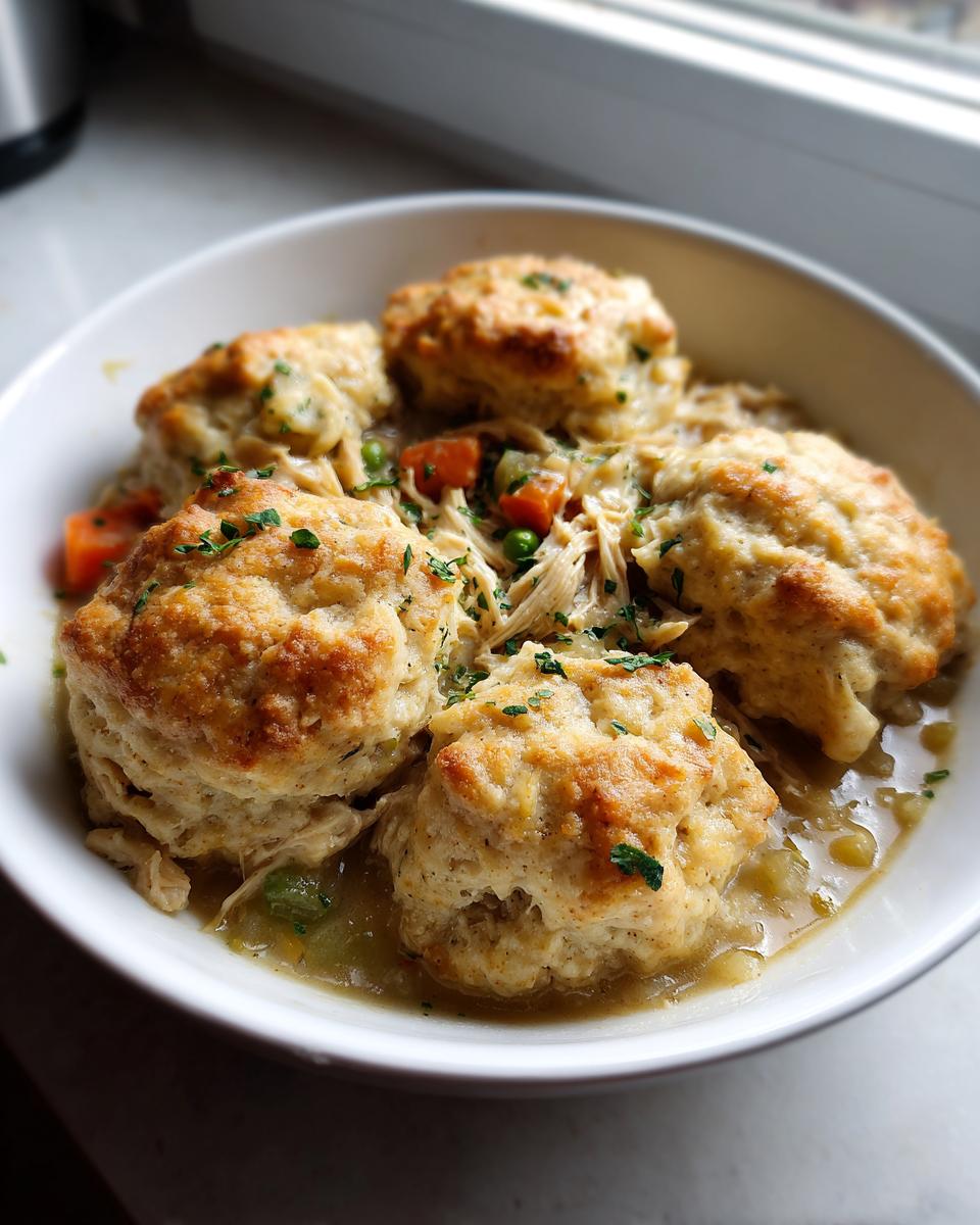 A close-up of a white bowl filled with creamy slow cooker chicken and dumplings, topped with fresh parsley.