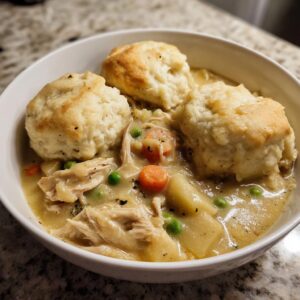 A close-up of a bowl filled with creamy slow cooker chicken and dumplings, topped with three fluffy biscuits.