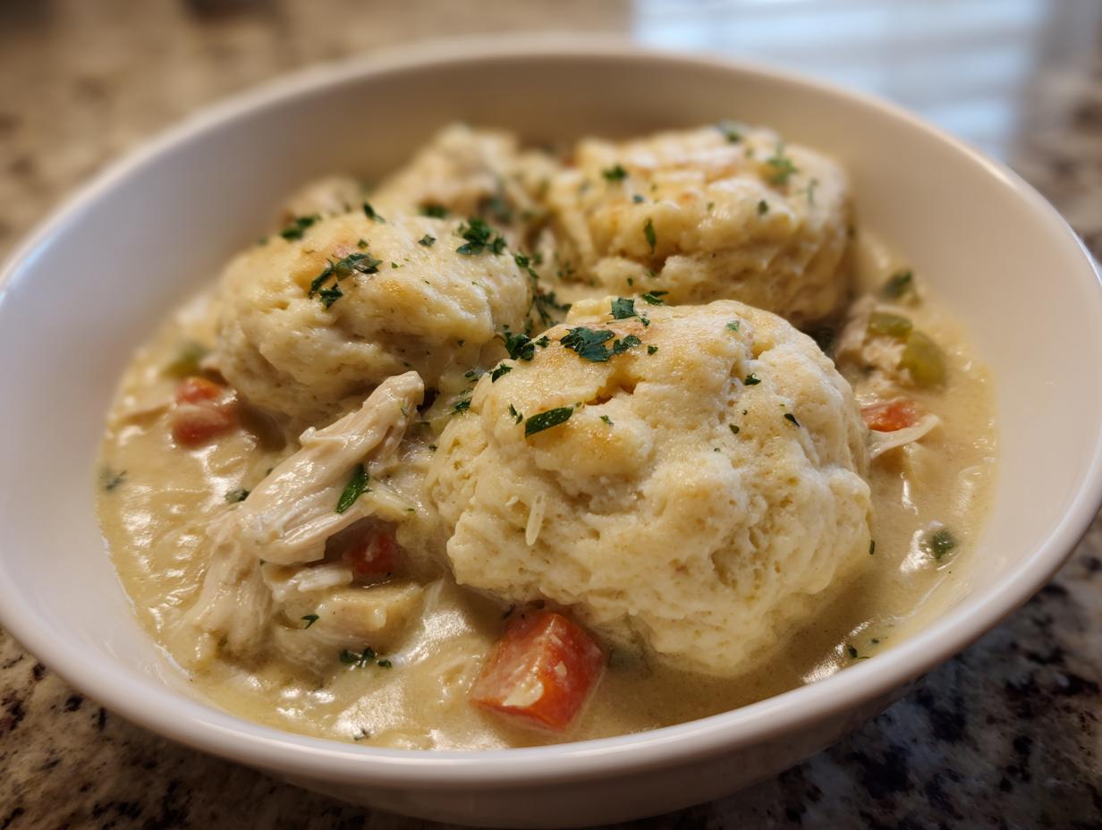 Close-up of a hearty bowl of slow cooker chicken and dumplings, featuring fluffy dumplings in creamy sauce with shredded chicken and vegetables.