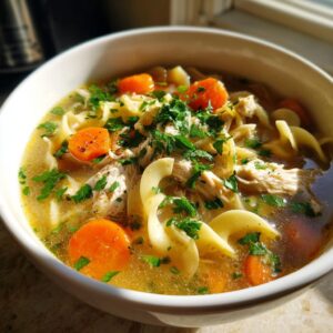 Close-up of a bowl of slow cooker chicken noodle soup with shredded chicken, egg noodles, carrots, and parsley.