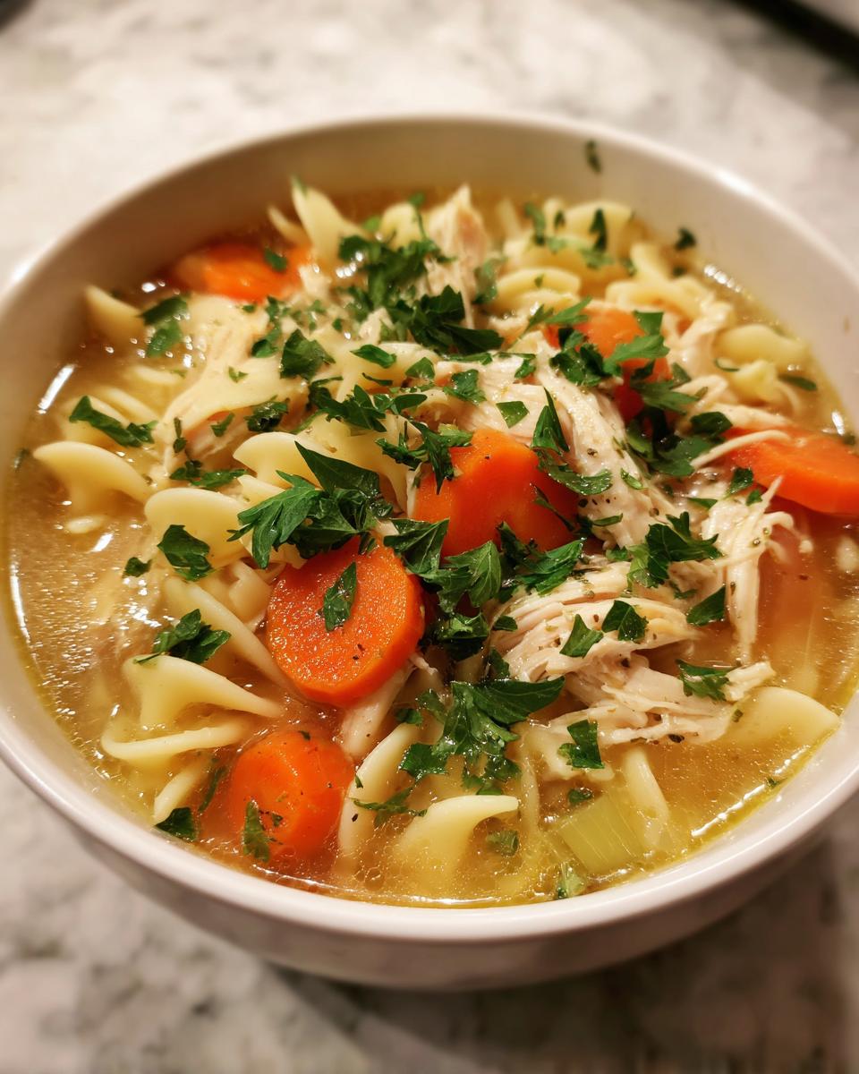 A close-up of a white bowl filled with hot slow cooker chicken noodle soup, featuring egg noodles, shredded chicken, carrots, and fresh parsley.