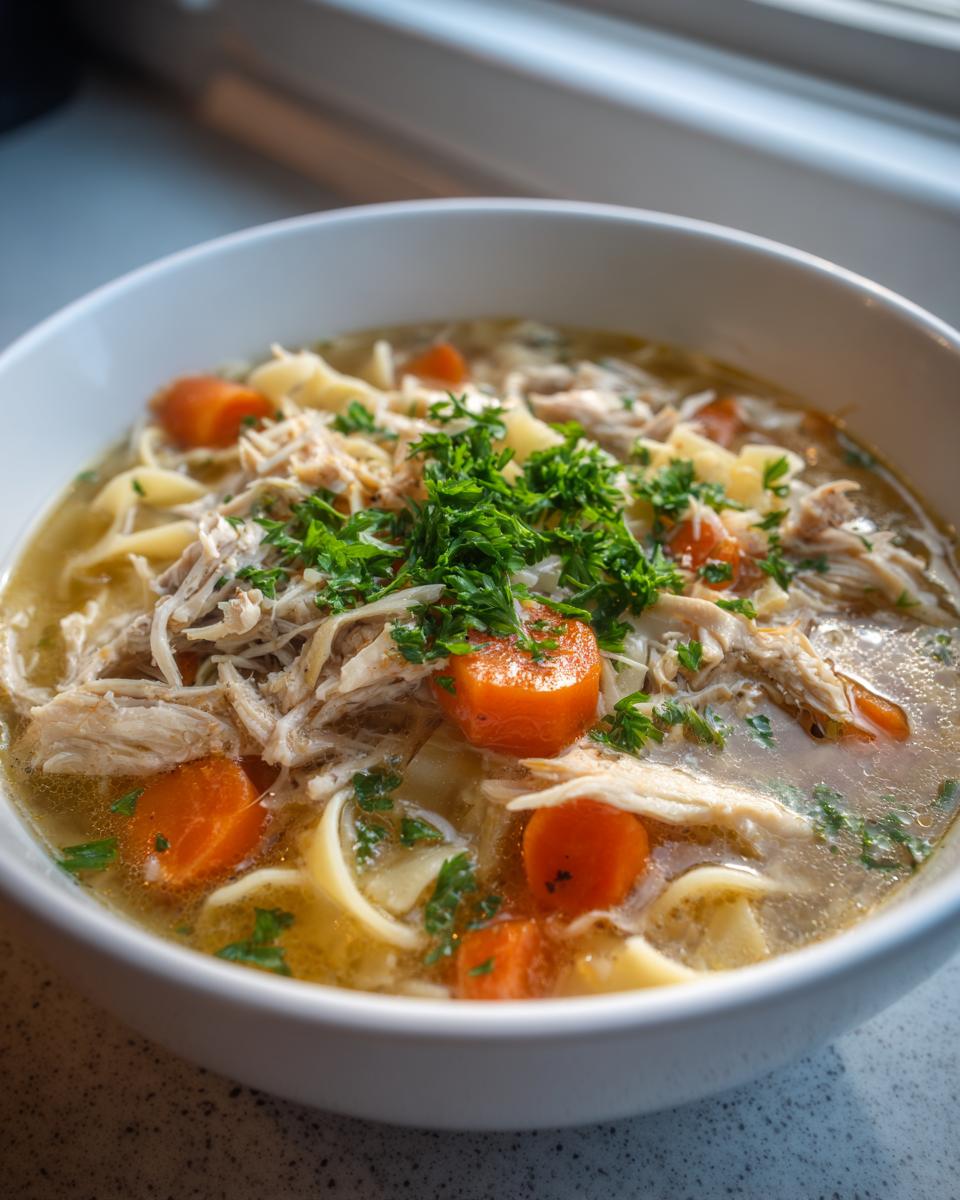 Close-up of a white bowl filled with slow cooker chicken noodle soup, featuring shredded chicken, carrots, and noodles, topped with fresh parsley.