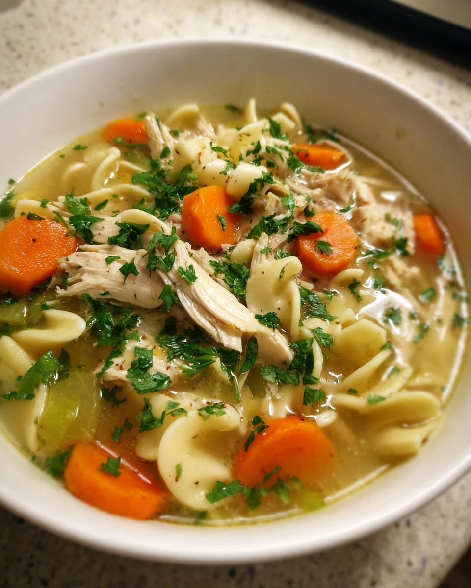 Close-up of a white bowl filled with hearty slow cooker chicken noodle soup, featuring shredded chicken, carrots, and parsley.