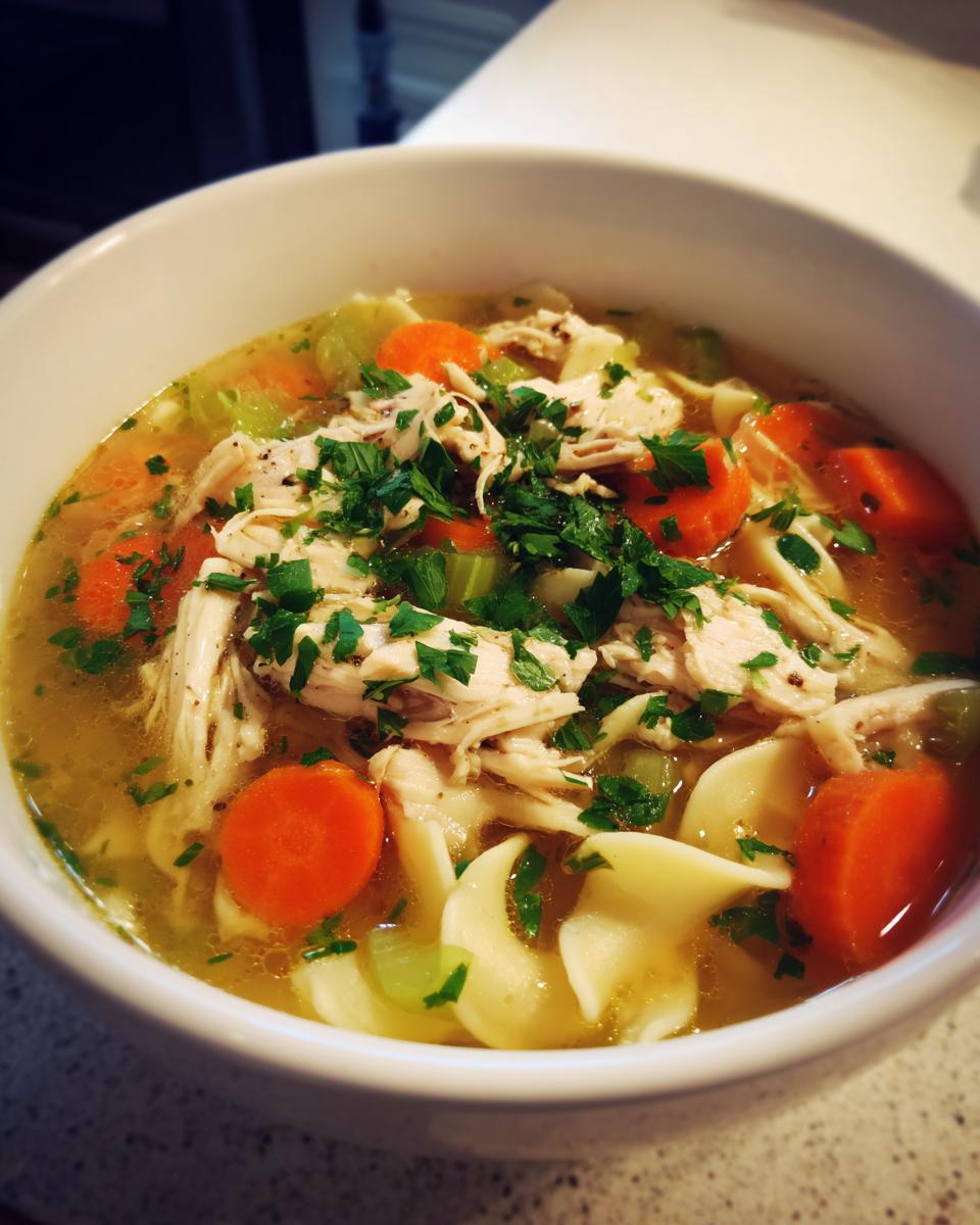 Close-up of a white bowl filled with hot slow cooker chicken noodle soup, featuring shredded chicken, carrots, celery, and egg noodles.